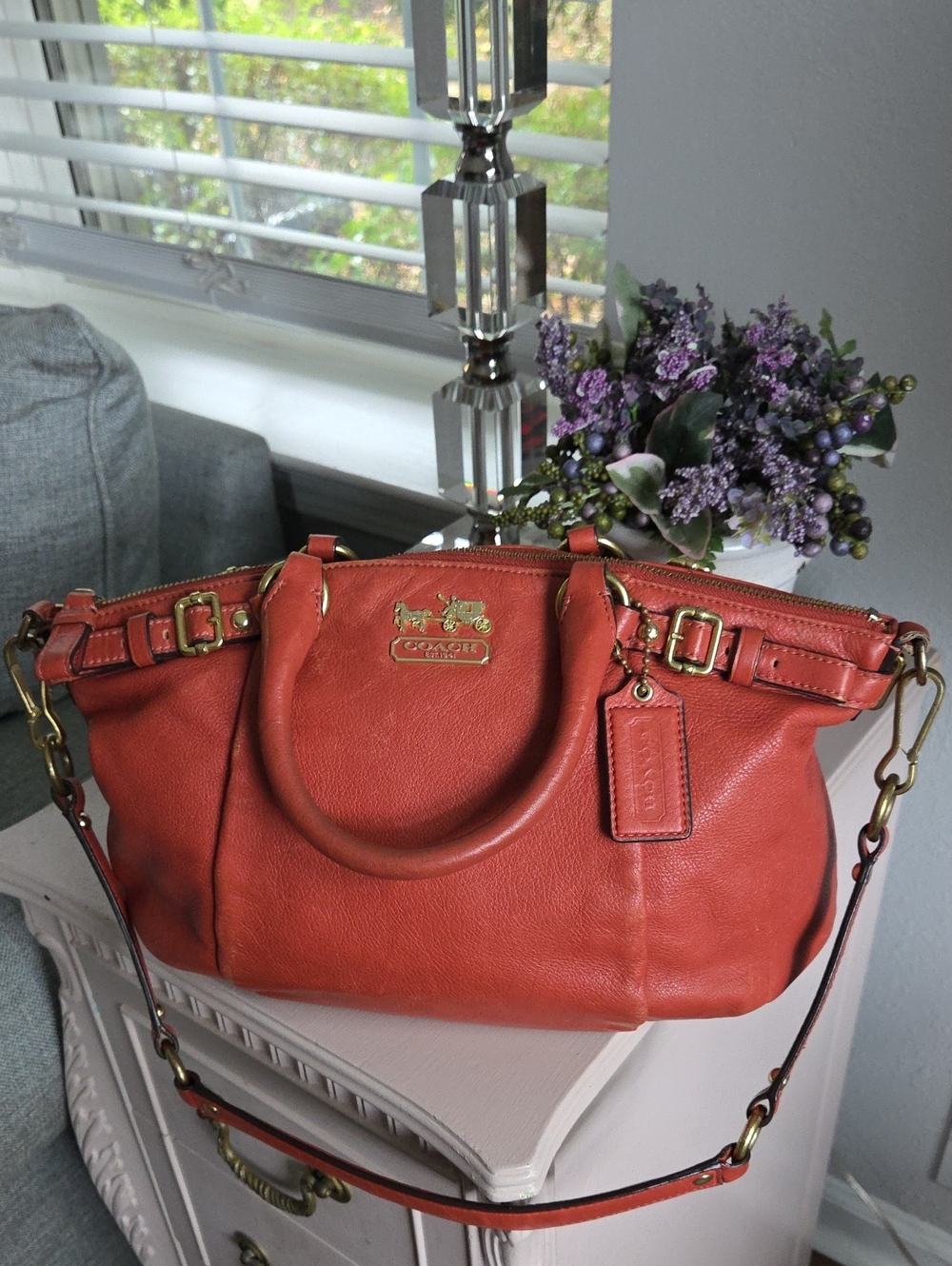 Coach Burnt Orange Madison Pebbled Leather Satchel Bag